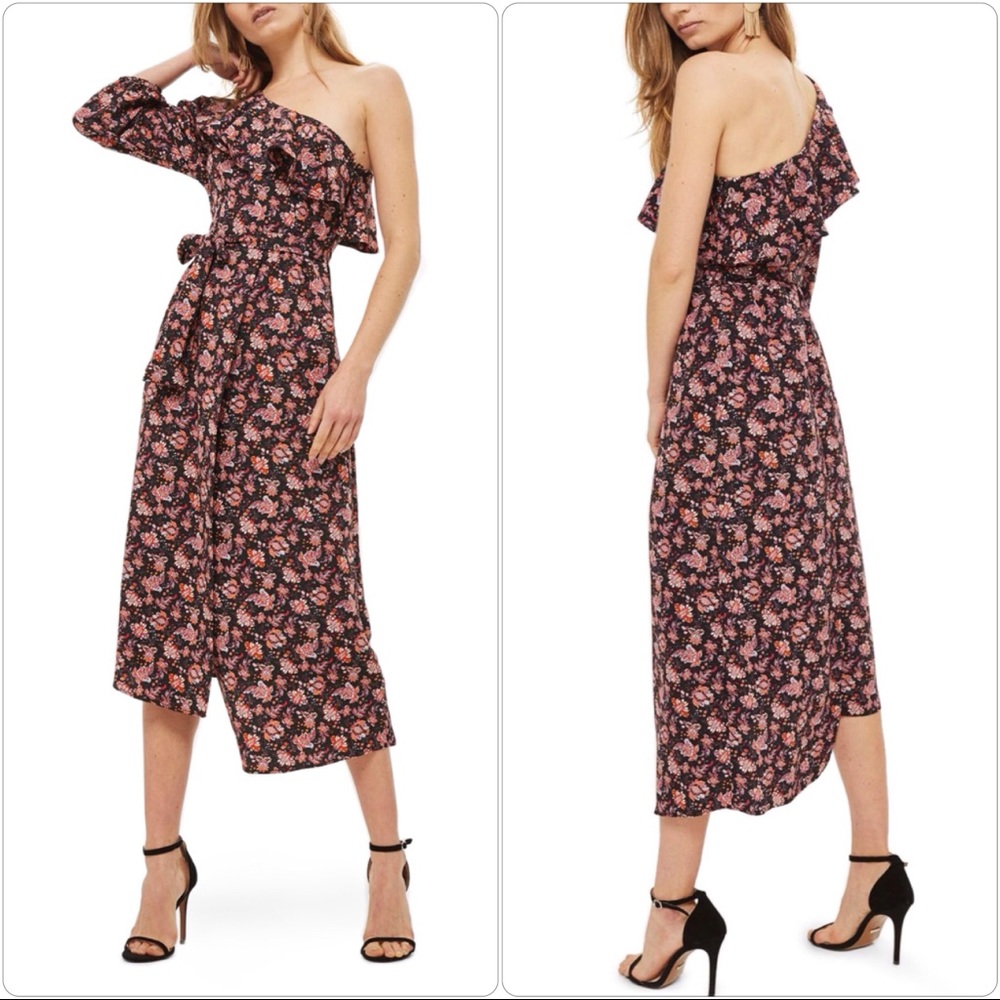 Topshop Print Ruffle One Shoulder Midi Dress Sz 4